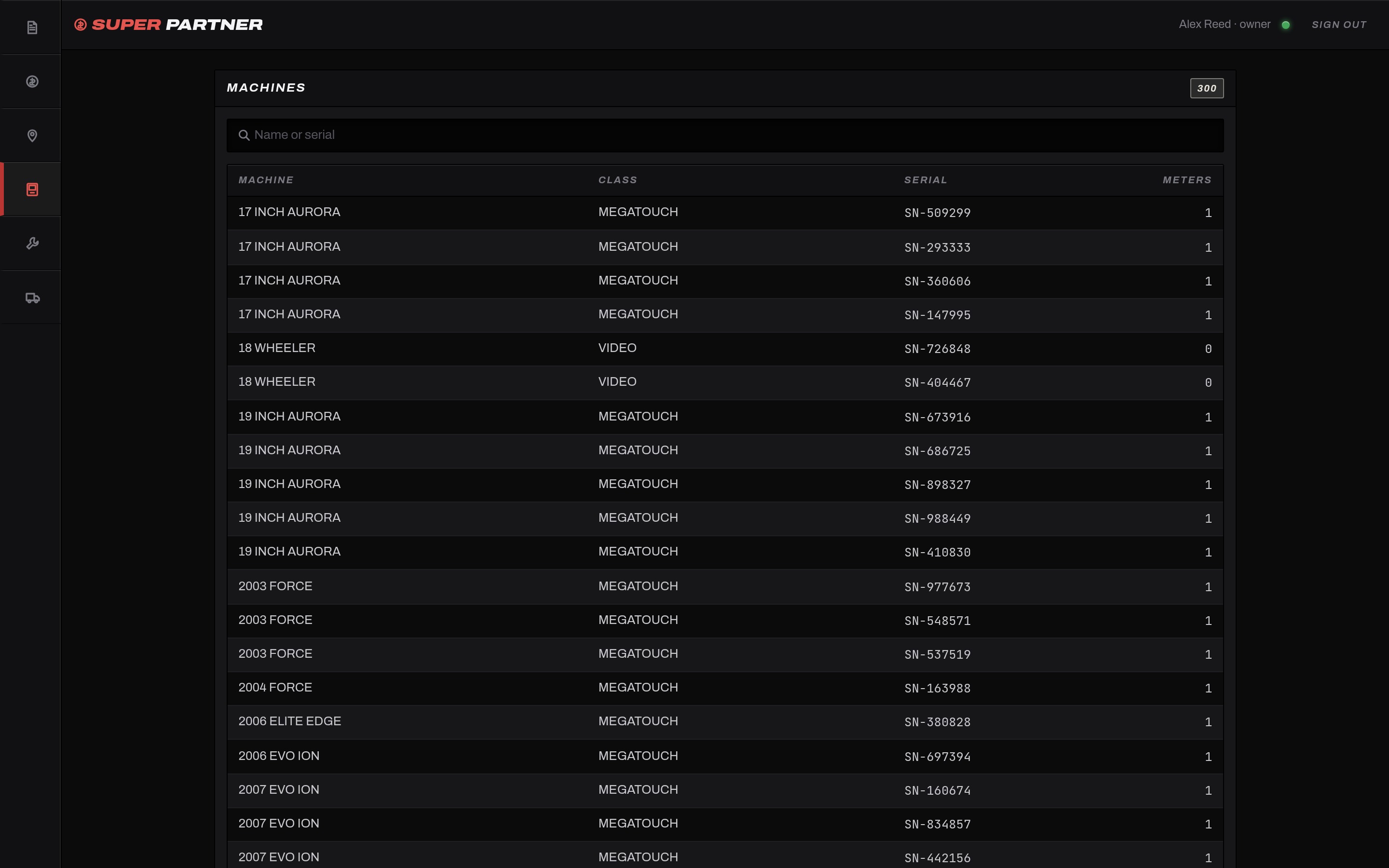 The machines list. Three hundred cabinets with the title, the class, the serial and how many meters each one counts, above a search box that takes a name or a serial.